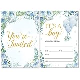 Blue Floral It's A Boy Baby Shower Party Invitations with Envelopes Set of 20 Blue Flowers Baby Show