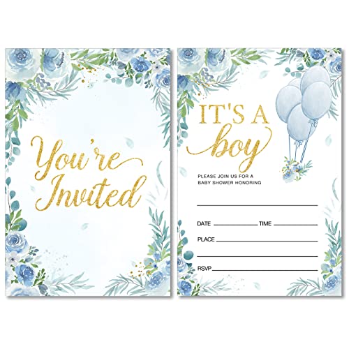 Blue Floral It's A Boy Baby Shower Party Invitations With Envelopes Set Of 20 Blue Flowers Baby Shower Party Invites Fill In Blank #TOP6