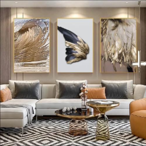 Peinture sur toile plumes dorées pour habiller un mur vide, triptyque nordique 50x70cm