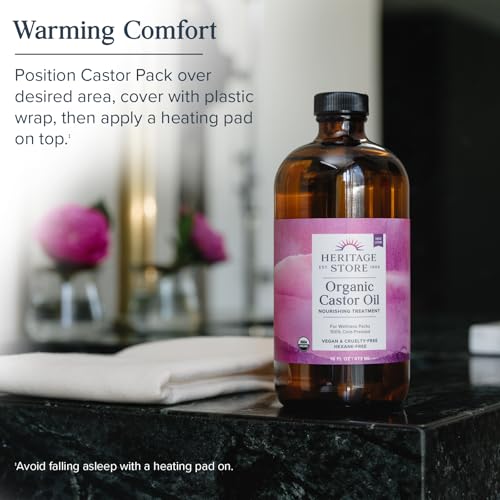 Image of HERITAGE STORE Organic Castor Oil Pack Wrap Kit - Soothing Castor Oil Packs, Heat Compress for Abdomen, Joints, Overall Health - 16oz Cold Pressed Organic Castor Oil w /Pump, 12 x 27 in. Wool Flannel