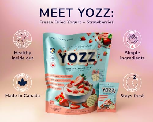 Yozz Probiotic Freeze Dried Yogurt Snack with Real Strawberries - No Sugar Added - 1 Billion CFU per Serving - 10 Individual Packs- For Adults, Babies, and Toddlers - Tastes Wow!