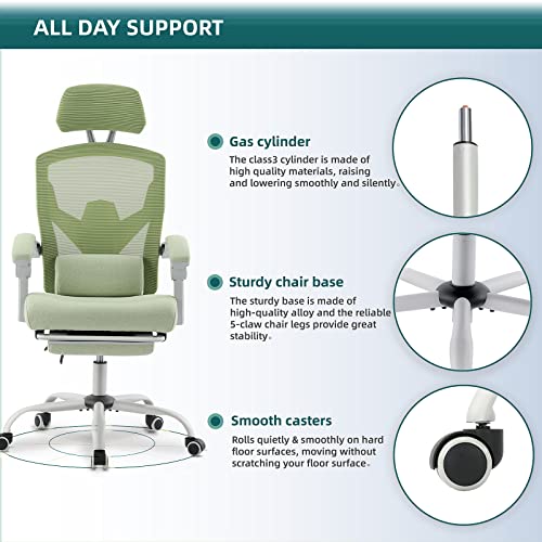 Image of DUMOS Office Desk Computer Chair with Footrest, Ergonomic Mesh Swivel Gaming Chair with Rolling Wheels, Comfortable Headrest, Lumbar Support, Comfy for Home, Office, Task, Student, Elegant Green