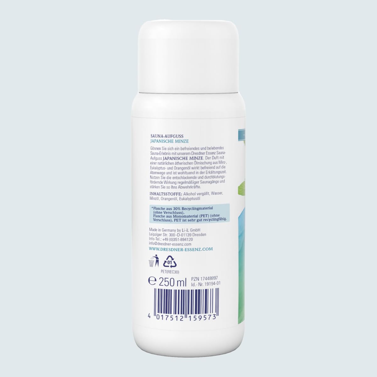 Dresdner Essenz Infusion de menthe japonaise pour sauna avec des parfums naturels et identiques à la nature | Libérant et réconfortant avec de l'huile de menthe et d'eucalyptus | 250 ml