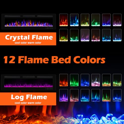 Image of BETELNUT 68 inch Electric Fireplace Wall Mounted and Recessed with Remote Control, 750 /1500W Ultra-Thin Wall Fireplace Heater W /Timer Adjustable Flame Color and Brightness, Log Set & Crystal Options