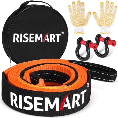 RISEMART Tow Rope 5M x 5cm 10 Ton (22 000 Lbs) Tow Strap with 2 D Shackles Storage Bag & Gloves Heavy Duty Towing Rope for Saloon SUV Off-Road Vehicle Recovery