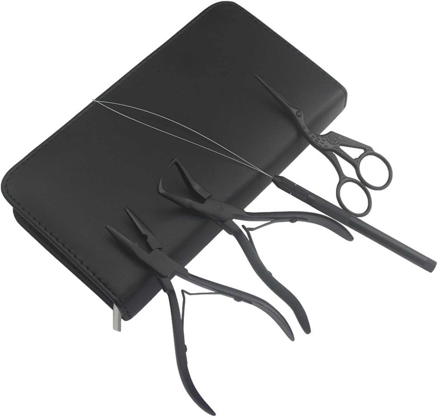 Hair Extension Beading Tool Kit Hair Extensions Micro Link Bead Closer and Remover Pliers and Cutting Scissors Set, Link Micro Ring Loop Needle Pulling Hook Threader Wire for Silicone Rings(Black)