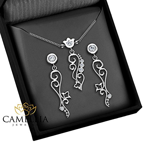 Pendant and Earrings Diamond Set 14K White Gold Diamond Jewelry Matching Designer Set