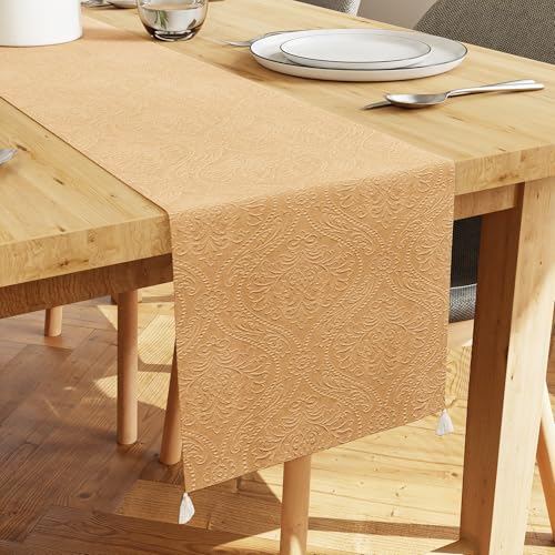 Image of Encasa XO 4 to 6 Seater Dining Embossed Velvet Table Runner | Size 32x183 cm | Gold Color with Premium Polyester - Machine Washable