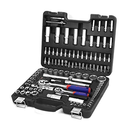 WORKPRO 108 Piezas Juego de Vasos para Llaves Carraca 1/2 y 1/4 Pulgada,Juego de Llaves de Vaso Cr-V, incluye Llave de Trinquete,Ideal para bricolaje, reparación de automóviles o trabajos mecánicos
