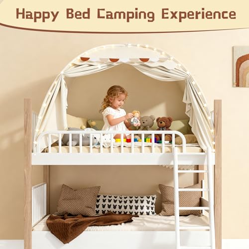 Dayacoco Bed Tent Twin for Kids, Toddler Bed Tent Indoor, Bed Canopy for Girl with Flags & Star Lights, Portable & Foldable Teepee Playhouse Outdoor, 78.7x39.4x47.2in, Cream
