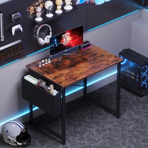 Image of OLIXIS Small Computer Desk, 31 Inch Gaming Desks for Home Office | Writing Study Craft Work Table, Computer Workstation for Bedroom Small Spaces with Storage Bag, Brown