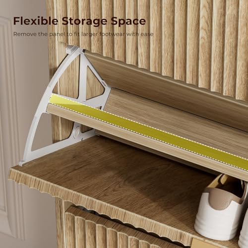 Image of Evermagin 31.5''W Oak Shoe Cabinet Storage for Entryway, Fluted Slim Shoe Dresser with 3 Flip Drawers, Narrow Shoe Rack Cabinet, Hidden Shoe Organizer Cabinet for Entrance, Hallway