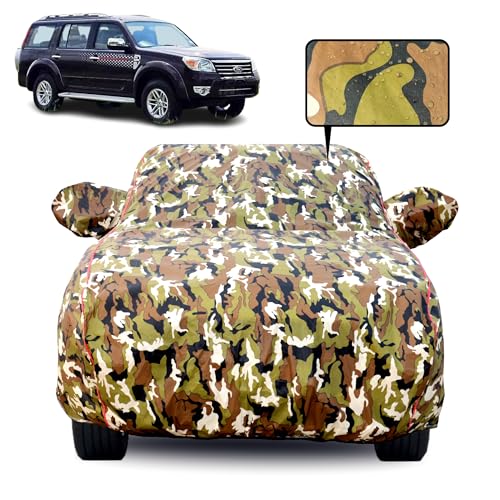 Image of Waterproof Car Body Cover for Ford Endeavor (2009-2015) with Mirror Pocket, Soft Cotton Lining, Triple Stitched, Full Bottom Elastic (Heat Resistant Jungle Print with Red Piping)