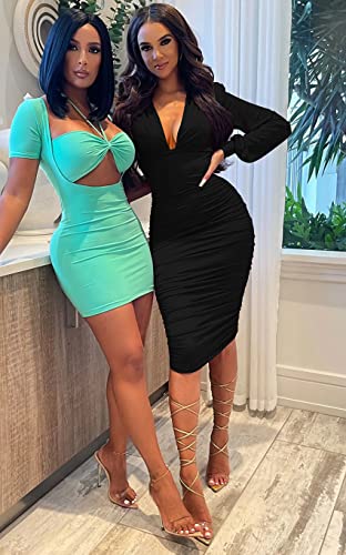 GOBLES Women's Sexy Deep V Neck Long Sleeve Ruched Bodycon Midi Party Dress2