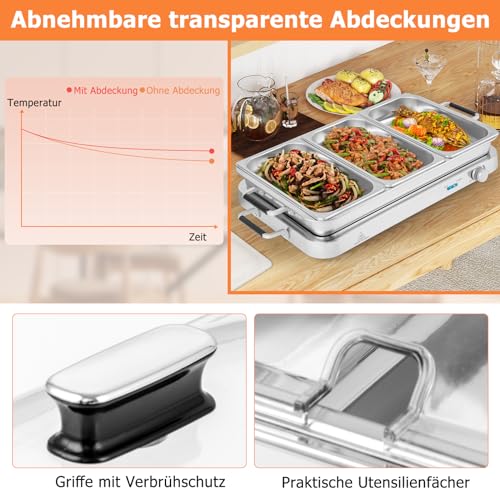 RELAX4LIFE Warmhalteplatte Buffetwärmer 2 in 1, Speisewärmer 8L, Teller Wärmer 50℃-150℃ Temperaturregler, Wärmebehälter 450W, Speisebehälter Edelstahl, Ideal zum Warmhalten von Speisen – Bild 5