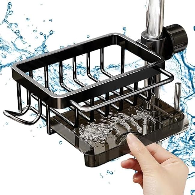 Kitchen Sink Faucet Organizer-Sponge Holder for Kitchen Sink-Dish Sponge Holder Over Faucet Kitchen Sink Caddy Organizer, Multifunction Organizer Rack for 0.7-1.1inch Round Water Pipe (Black, Left)