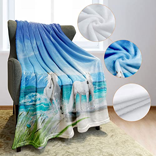 Ohtmtho 60"X80" Blanket Super Soft Warm Lightweight Fleece Throw For Couch Sofa Bed - Seaside White Horses #TOP2