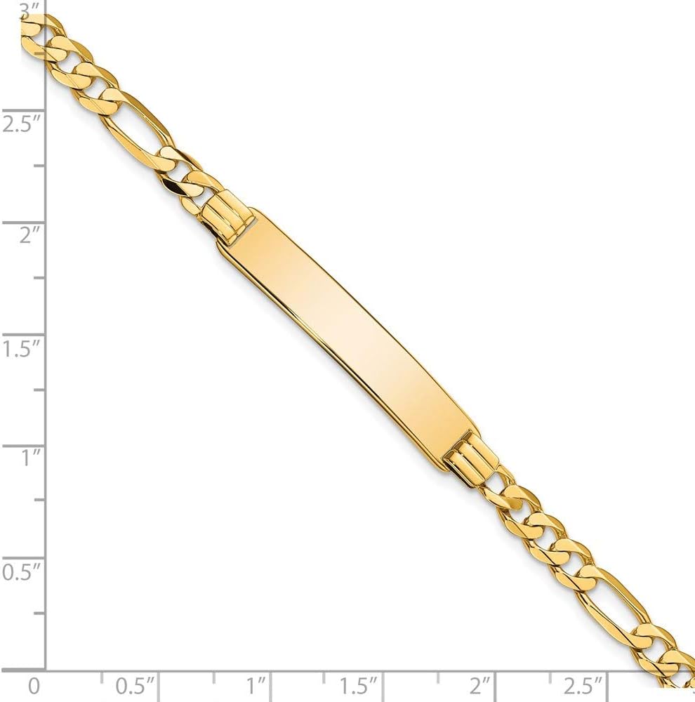 Engravable Personalized Custom 14K Yellow Gold Flat Figaro Link ID Bracelet For Men or Women Length 8 inches Width 7 mm With Lobster Claw Clasp