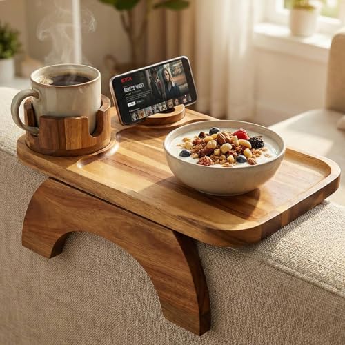 Couch Armrest Table Acacia Wood Sofa Arm Tray with 360 Rotating Phone & Cup Holder Clip-On Arm Rest Table for Couch Anti-Slip Armrest Tray for Snacks & Drinks 15.4 x 9.8