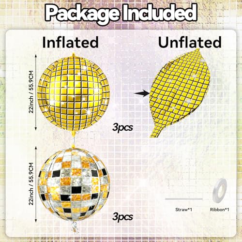 Image of 6pcs 22 Inch Multicolor Disco Ball Balloons, Gold Big Disco Balloons, Black Silver Gold 4d Large Foil Aluminum Balloon For Birthday Baby Shower 70s 80s 90s Theme Party Wedding Engagement Graduation