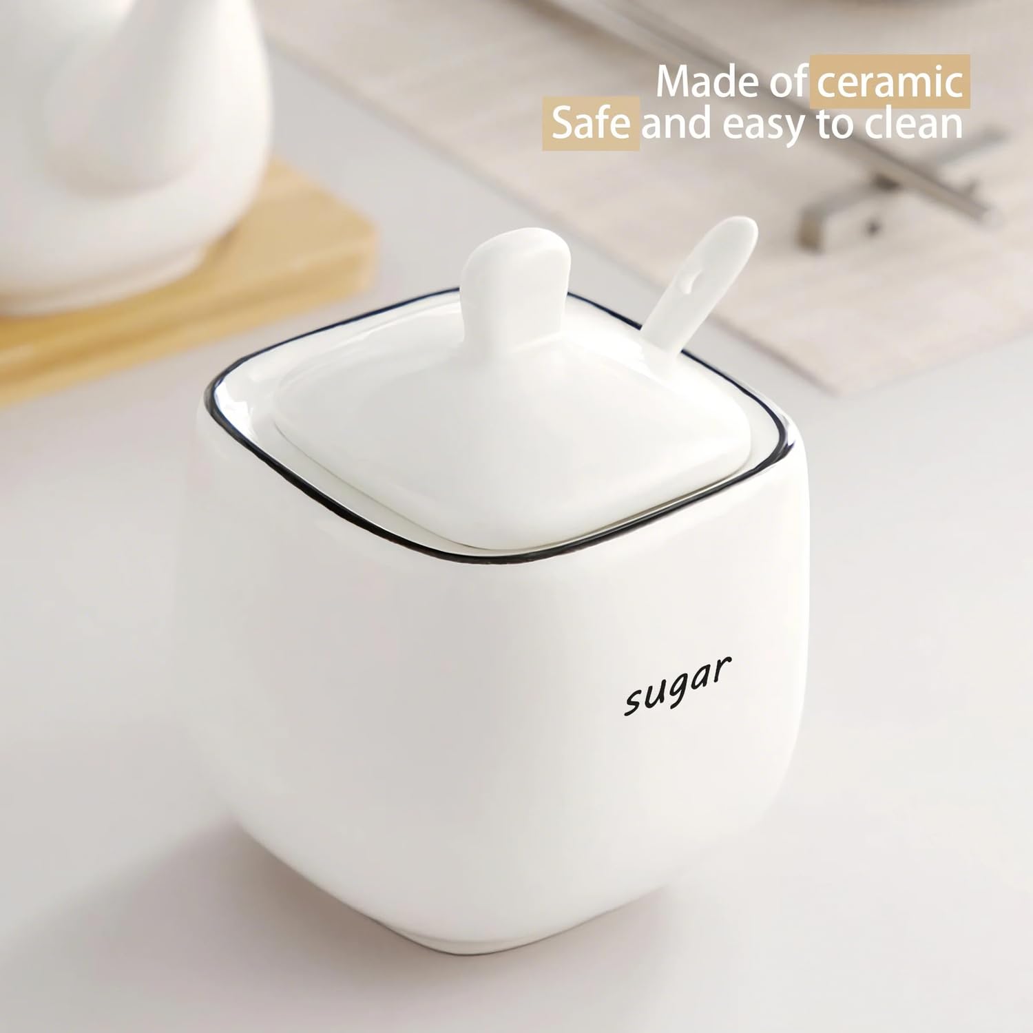 Sucrier En Céramique 355ml Avec Couvercle Et Cuillère - Distributeur De Sucre, Sel, Épices, Blanc