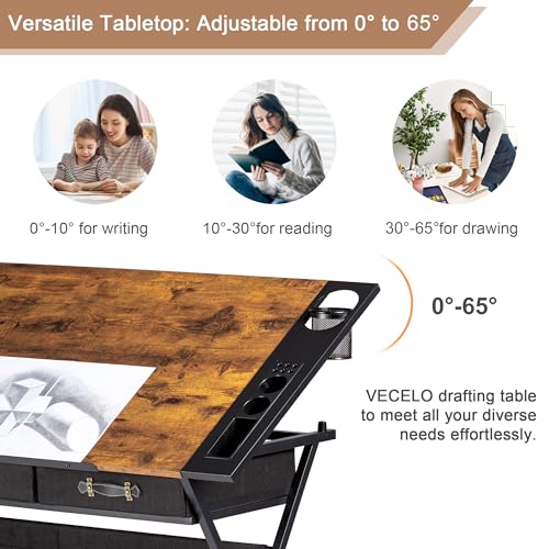 VECELO Drafting Table Art Desk Art Table Adjustable Drawing Table Tilted Tabletop with 2 Storage Drawers and Stool, Drawing Desk for Artist Painters Drawing, Crafting, Reading, Writing, Rustic Brown - Image 5
