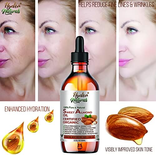 Sweet Almond Oil 100% Organic Pure & Natural For Skin, Hair, Massage, Nails, Cuticles, Ears, Face, Body, Stretch Marks, Fast Absorbing Aromatherapy Anti Ageing 50ml