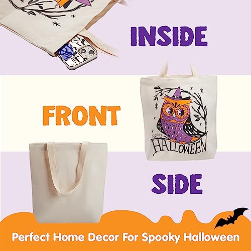 Image of JOYIN 3PCS 13.75 inch Large Halloween Tote Treat Bags for Trick or Treating, Halloween Goodie Candy Bags, Reusable White Canvas Gift Bag for Kids Party Favor Supplies, Snack Grocery Tote with Handles