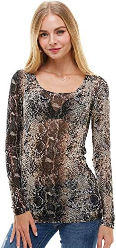 Imagenation Women's Long Sleeve Mesh Top Sheer See Through Round Scoop Neck Stretchy