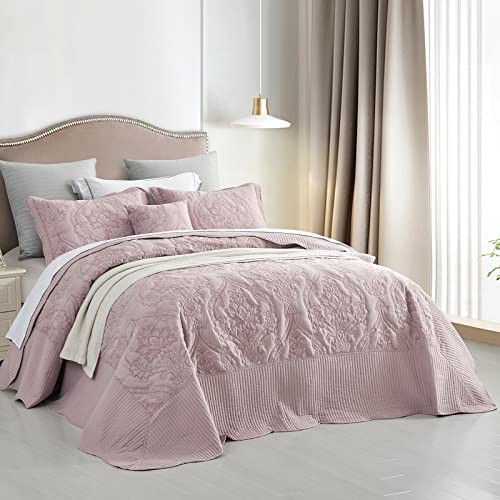 Chixin Oversized Bedspread Coverlet Set King Size - Lightweight Bedding Cover - Beautiful Stitching - 4 Piece Reversible Bedspread - Gorgeous Damask Paisley Pattern (King, Pale Rose) #TOP1