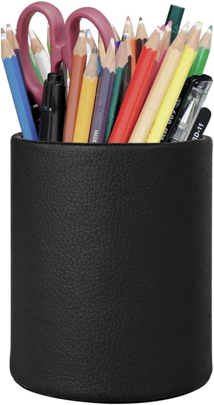 PU Leather Pen Holder Desk 3.94-inch Tall Pencil Cup Organizer