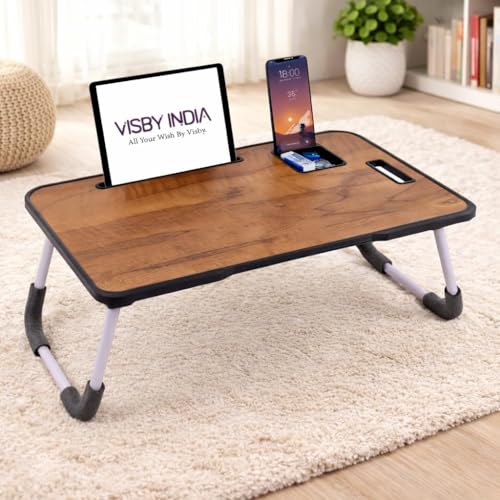 Image of VISBY INDIA Smart Multipurpose Foldable Laptop Table with Cup Holder, Study Table, Bed Table, Breakfast Table, Foldable and Portable /Ergonomic & Rounded Edges /Non-Slip Legs (Wood C-Biding)