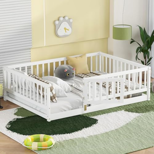 Image of Bellemave Full Size Kids Montessori Floor Bed with Door,Solid Wood Floor Bed Frame with Slats and High Fence for Kids,Girls,Boys,White