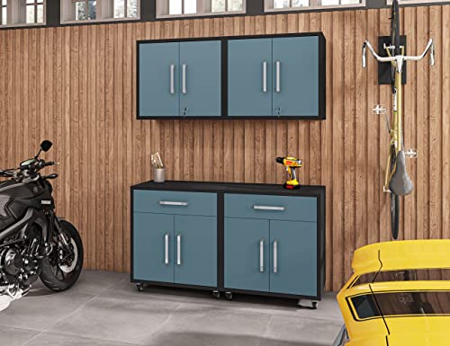 Image of Manhattan Comfort Eiffel Garage Cabinets and Storage System, Set of 4, Matte Black and Aqua Blue
