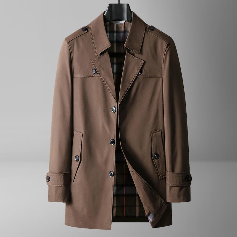 Gabardina azul marino de longitud media ideal para oficina y estilo negocios casual en otoño 2