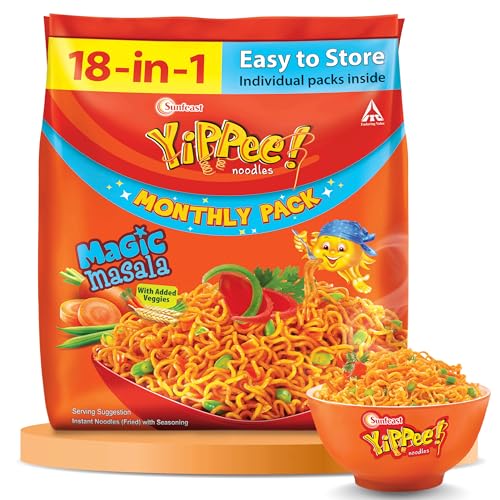 Image of Sunfeast YiPPee! Magic Masala, Long, Non-Sticky Instant Noodles | With Real Vegetables | 1260g (Pack of 18)