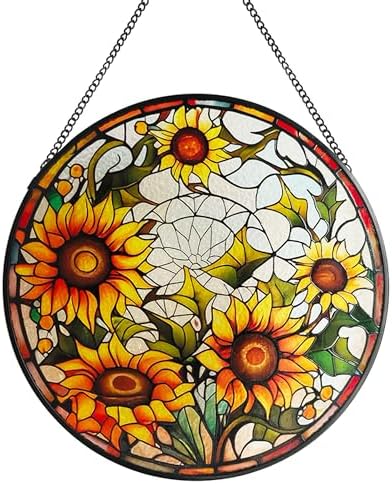 Sunflower Stained Glass Suncatchers, 9.8'' Round Sunflower Stained Glass Panel Home Decor, Hand-Painted Sunflower Sun Catchers Gifts for Christmas, Birthday