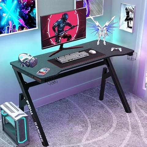 BLKMTY 45" Gaming Desk, Large Computer Desk - Sturdy Metal Frame, Extra Large Gaming Table for PC, Laptop, Monitor, Keyboard with Headphone Hook R-Shape Table, Carbon Fiber Desk (Red) Cover