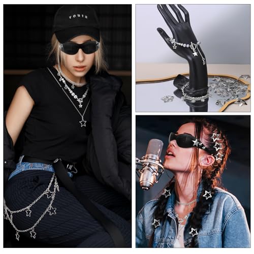 Y2k Accessories Set Included Star Y2k Silver Necklace Grunge Layered Necklace Hip Hop Pants Chain Y2K Sunglasses Star Hair Clip Y2k Silver Hair Clips Vintage Jewelry Set for Women2