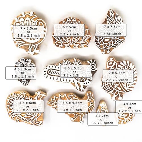 Image of Hashcart Wooden Peacock Design Printing Stamps Set of 10 - Gifts for Craft Lovers and Artists - Handmade Indian Rosewood Blocks for Printing on Fabric and Clay