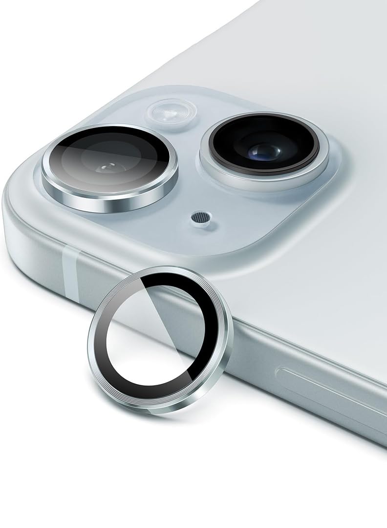 iPhone 15/15 Plus 2 Pcs Camera Lens Protector With 9H Tempered HD Glass Camera Cover Anti Scratch Aluminum Alloy Camera Ring (Blue)