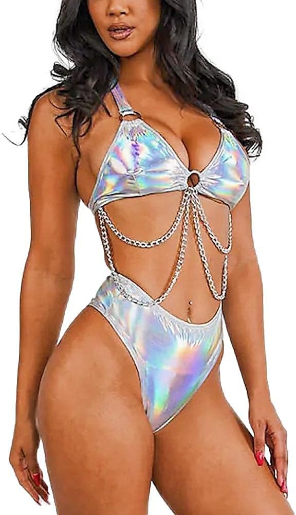 Rave Outfits for Women - Metallic Holographic Body Chain Harness Top High Waist Bottom Festival Dance Bikini Set