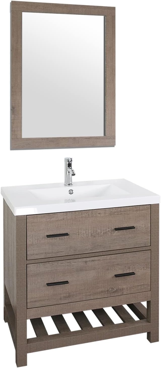 walsport 30’’ Bathroom Vanity with Sink Brown Freestanding Cabinet Set Design Resin Basin Undermount Sink with Mirror Chrome Faucet P-Trap Drain Modern Bathroom Sink Cabinet