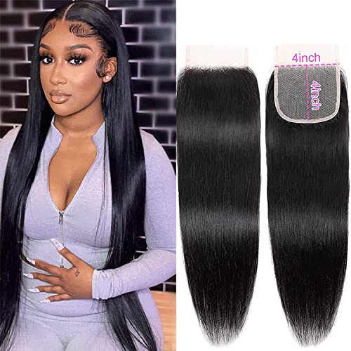 DUAUJUIU Cheveux Humain Lisse 4x4 Lace Closure for Women Cheveux Bresilienne Vrai Noir Naturel pour Femme Unprocessed Free Part Lace Closure 14 Pouces (35 cm)