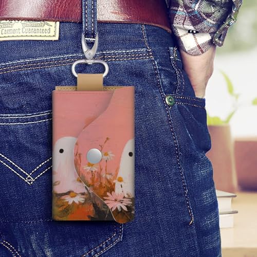 Three White Ghosts in The Field with Daisies Key Holder Bag PU Leather ID Card Holder Keychains Case Cover for Men Women4