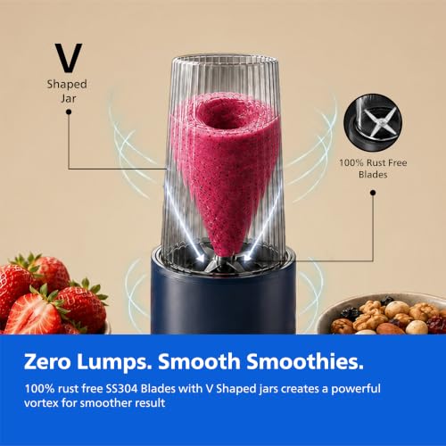 Image of Philips HR2613 /00 Mini Blender | 2 Blending Blades & 1 Frothing Blade | ProBlend Technology | 3 Unbreakable Food-Grade PC Jars | Blend & Carry | Smoothies, Protein Shakes, Cold Coffee & More (Blue)