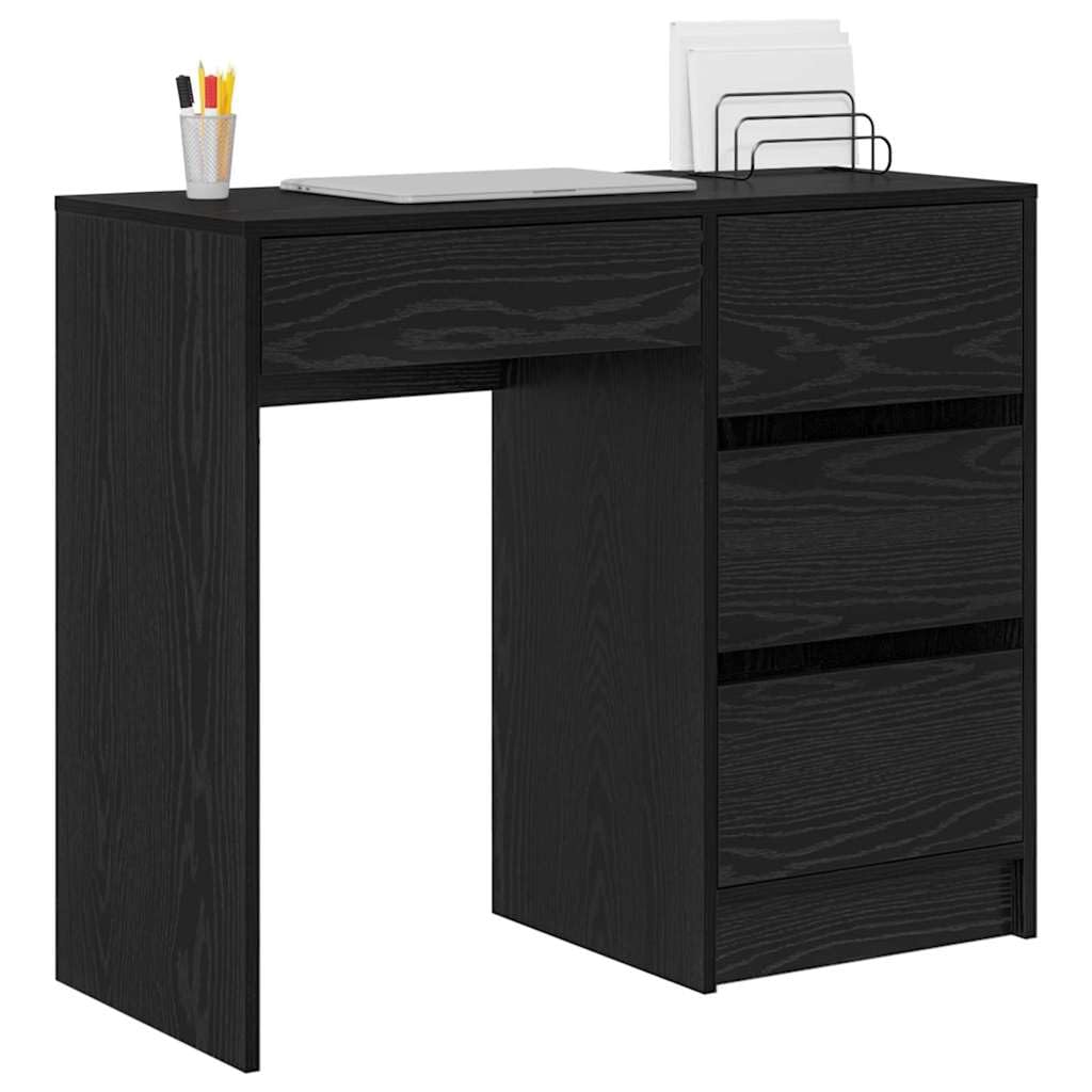 Scrivania con scaffale, colore nero, effetto rovere, 90 x 37,5 x 75 cm, moderna scrivania per computer per ufficio, robusto materiale in legno con spazio di archiviazione