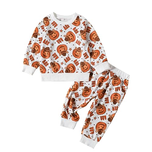 Toddler Baby Halloween Outfit Boys Girls Pumpkin Long Sleeve Crewneck Pullover Sweatshirts Elastic Waist Pants Set