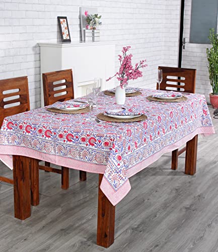 Ridhi - Hand Block Print Cotton Cloth Dinning Table Cover Wedding Farmhouse Thanks Giving Christmas Spring Tablecloth (Pigeon Blue And Flamingo Pink, 6 Seater 60X90 Inches) #TOP6