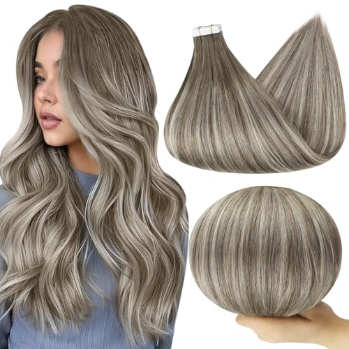 Image of Full Shine Human Hair Extensions Tape In, 20 Inch Beige Ash Blonde | 50g 20 PCS, Double Sided Tape in Extensions, Invisible Blend, Smooth Texture, Long Styles, Vacation Looks, Everyday Volume